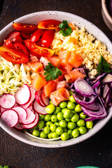 Balanced healthy bowl with vegetables and salmon