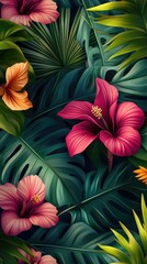Flowers and foliage background. Tropical leaves and colorful flowers on foliage nature background.