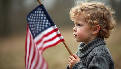 Young boy holding American flag in outdoor. Child with curly hair, looking thoughtful with the symbol of patriotism. USA pride, childhood innocence, freedom, summer, national holiday.
