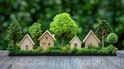 Obraz premium Model of an urban environment showcasing green spaces with houses and trees designed to promote sustainability and harmony with nature