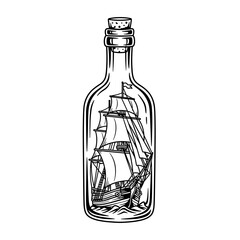 Detailed line art illustration of a ship inside a glass bottle, sealed with a cork.