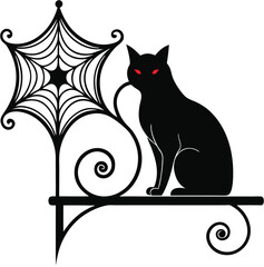 Spooky Halloween Black Cat Silhouette with Intricate Spiderweb Design