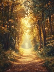 Fototapeta premium A sun-drenched forest path, bathed in golden light, reveals a mystical, verdant canopy.