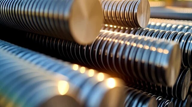 Close-up of a stack of shiny metal threaded rods with a warm light reflecting on the surfaces, industrial materials for construction or manufacturing.