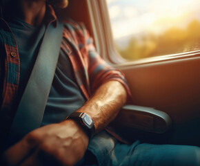 Man enjoying a scenic ride in a car with a sunset view through the window