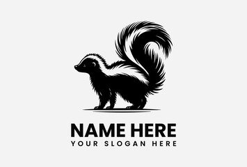 Black and white stylized logo of a skunk, featuring a detailed design of its body and bushy tail.
