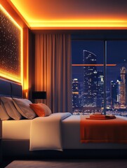 Modern luxury 5-star double bed hotel room with city view, orange ambient light