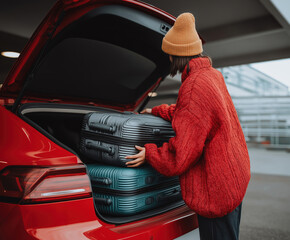 Packing luggage into a car trunk at the airport in chilly weather