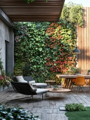 Fototapeta premium A chic urban yard with vertical gardens, hanging planters, and modern outdoor furniture, Contemporary, Digital Art, Sleek and stylish