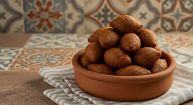Mini kibes stacked in a clay bowl placed on a striped linen napkin, with warm ambient lighting and decorative background tiles.