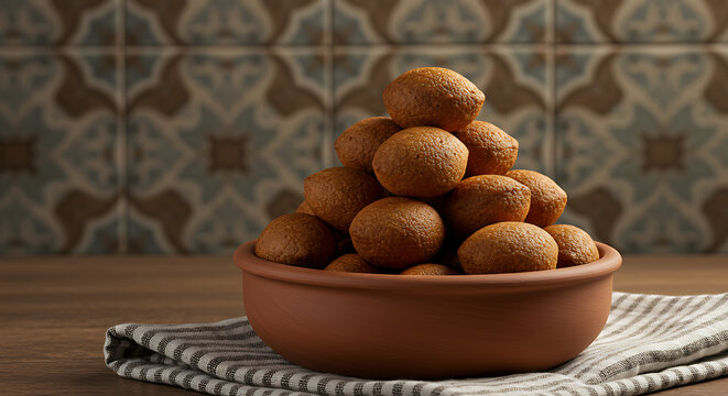 Mini kibes stacked in a clay bowl placed on a striped linen napkin, with warm ambient lighting and decorative background tiles.