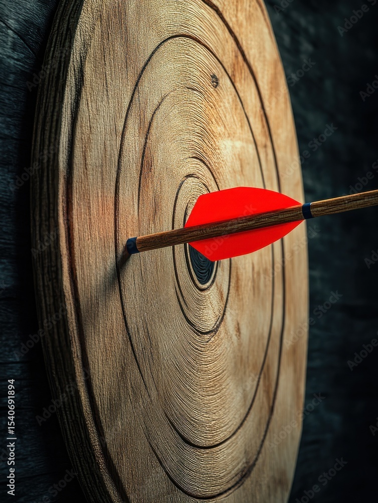 Poster elegant wooden archery target with a vivid red dart showing the essence of skill in marksmanship : g