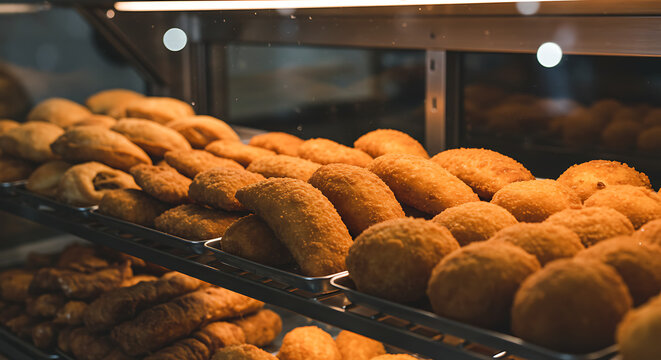 A bakery display case filled with assorted savory snacks like coxinhas, risoles, and esfihas, warmly lit and organized in rows.