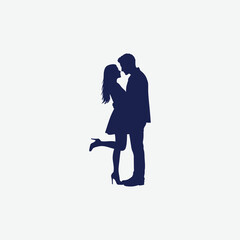 Elegant dark blue silhouette of a romantic couple in a close pose, set against a white background. Perfect for love-themed designs, Valentine's Day, and emotional artwork.