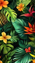 Flowers and foliage background. Tropical leaves and colorful flowers on foliage nature background.