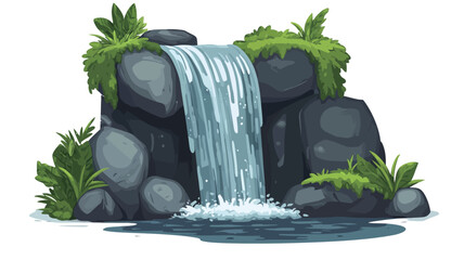 A digital illustration depicting a small waterfall cascading over dark grey rocks.  The rocks are textured and irregular in shape. Lush green plants and moss are visible at the top and sides of the