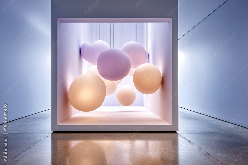 Poster illuminated spheres float in a minimalist gallery, creating a serene atmosphere as natural light str