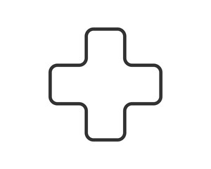 Simple, modern plus sign icon. Represents addition, healthcare, first aid or support. Clean graphic with rounded edges, suitable for medical or technological themes.