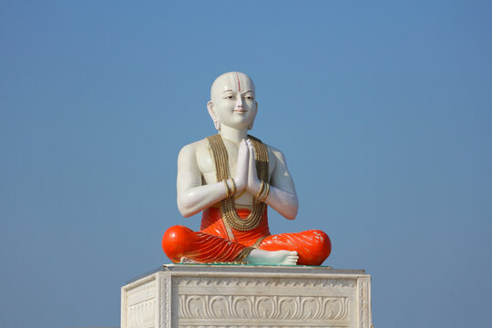 Sculpture of Ramanuja Acharya meditating. Hinduism, Vedanta philosophy, spiritual leader  in Dwarka, Gujarat, India, November 10, 2024 