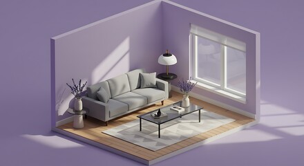 A minimalist, isometric living room scene in muted shades.
