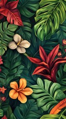Flowers and foliage background. Tropical leaves and colorful flowers on foliage nature background.