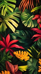 Flowers and foliage background. Tropical leaves and colorful flowers on foliage nature background.