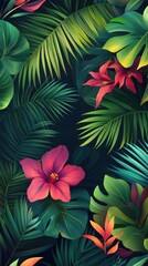 Flowers and foliage background. Tropical leaves and colorful flowers on foliage nature background.