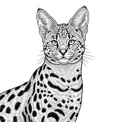 Obraz premium Detailed black and white illustration of a spotted serval cat looking forward.