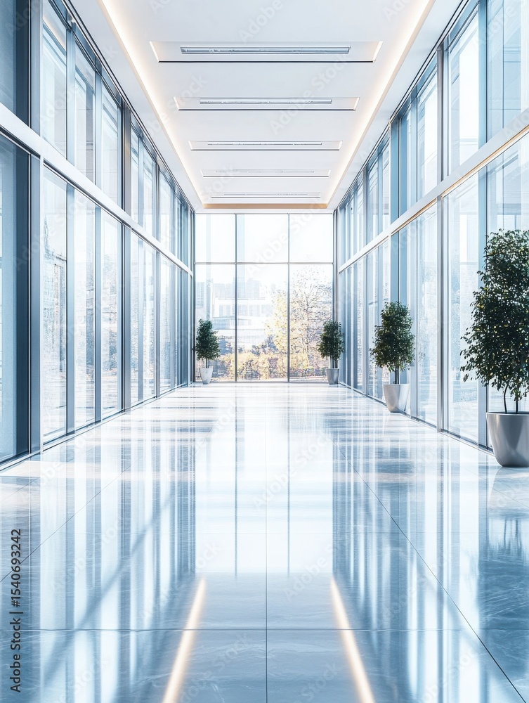 Poster empty hallway in a modern office building with large windows and glossy floors.