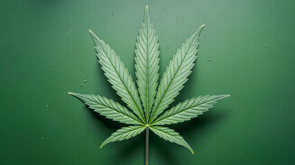 A high-resolution photograph of a single cannabis leaf centered on a dark forest green background.