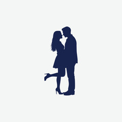 Elegant dark blue silhouette of a romantic couple in a close pose, set against a white background. Perfect for love-themed designs, Valentine's Day, and emotional artwork.