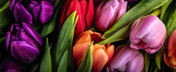 Fototapeta premium The vibrant tulips in a colorful floral arrangement on dark background.