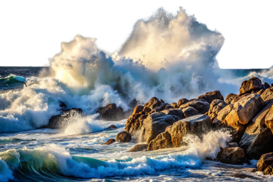 Powerful Ocean Waves Crashing Against Rugged Brown and Gold Rocks Dramatic White Water Splashes Dynamic Seascape A I Generated isolated on a transparent background