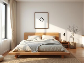 japandi entryway with wooden bench and black-and-white geometric wall art in minimalist style