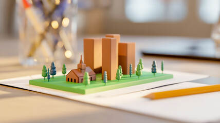 A miniature architectural model of a city skyline on a white paper base. The model features three brown rectangular buildings of varying heights, with a small brown church with a steeple.