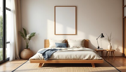 japandi entryway with wooden bench and black-and-white geometric wall art in minimalist style