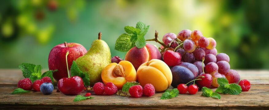 The vibrant assortment of fresh fruits beautifully arranged on a wooden table.