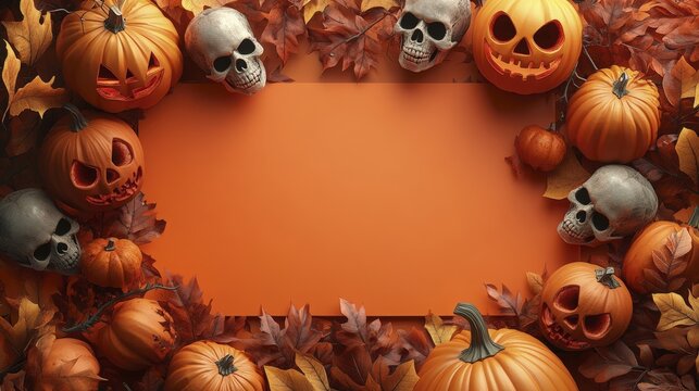 Halloween arrangement with pumpkins, skulls, leaves, and orange backdrop for creative content