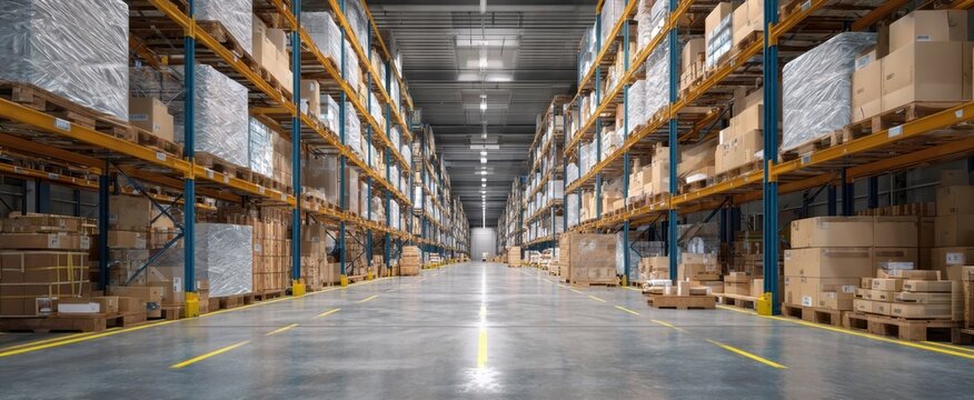The spacious warehouse filled with organized shelves and packed goods.