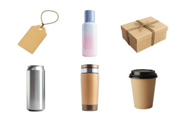 A collection of beverage containers, including a water bottle, cans, and coffee cups, showcasing various materials and designs ideal for marketing and advertising.
