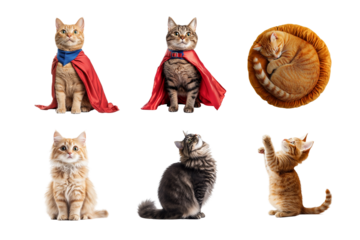 A playful collection of cats showcasing various poses, from heroic looks in capes to adorable sleeping positions, perfect for pet lovers and cat enthusiasts.