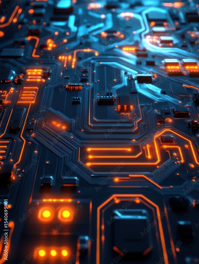 Poster illuminated circuit board with intricate electronic pathways and glowing lights