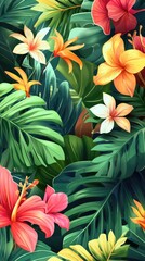 Flowers and foliage background. Tropical leaves and colorful flowers on foliage nature background.