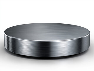 A metallic podium with a brushed steel surface, circular and slightly elevated, realistic texture and lighting, isolated on a white background, professional clean mockup environment, ultra-detailed