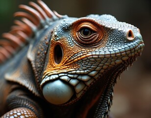 Fototapeta premium Close-up detail of iguana skin texture. Scaly reptilian skin, eye, scales, vibrant patterns. Reptile skin background, perfect for eco-conscious projects, reptile eco-system design. Wildlife exotic