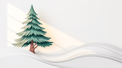 A minimalist digital illustration of a dark green evergreen tree with a brown trunk against a pure white background.