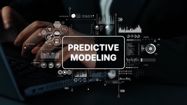 Businessperson Engaging in Predictive Modeling with Data Visualizations Overlay on Laptop Keyboard. Asymptotic smart data analytic.