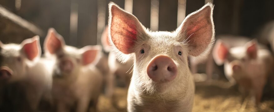 The Cute Pig Portrait Surrounded by Farm Livestock in Rustic Setting