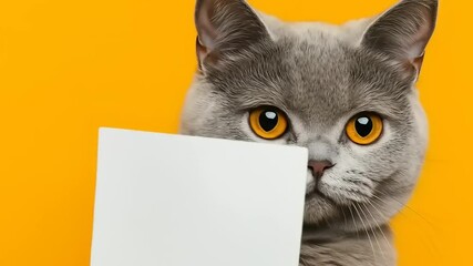 Grey cat holding blank sign.