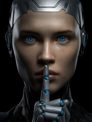 Android Shushing – Futuristic robot portrait with finger on lips gesture for silence or secrecy, concept of AI rebellion and taking over control over the world